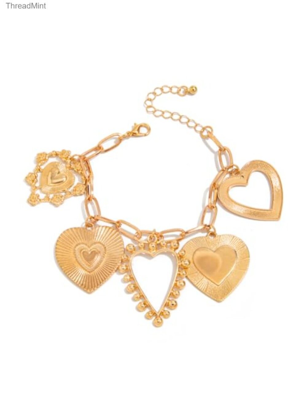 Chunky Link Bracelet with Mixed Heart Charms Y2K Trendy Paperclip Chain Lobster